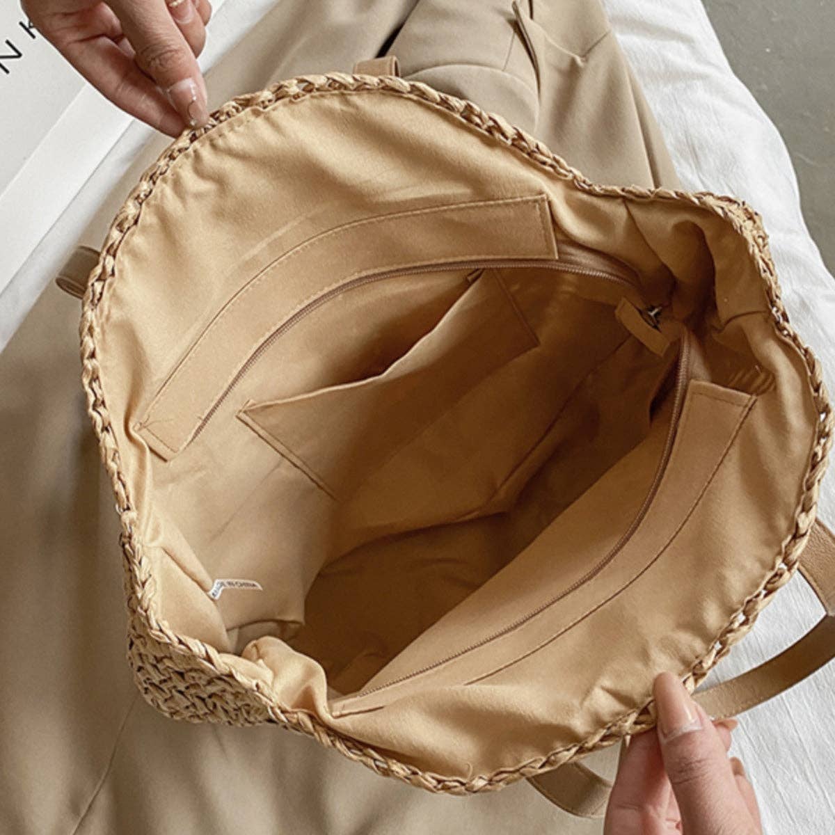 Cosbai - Round Hollow Woven Bag: Beige