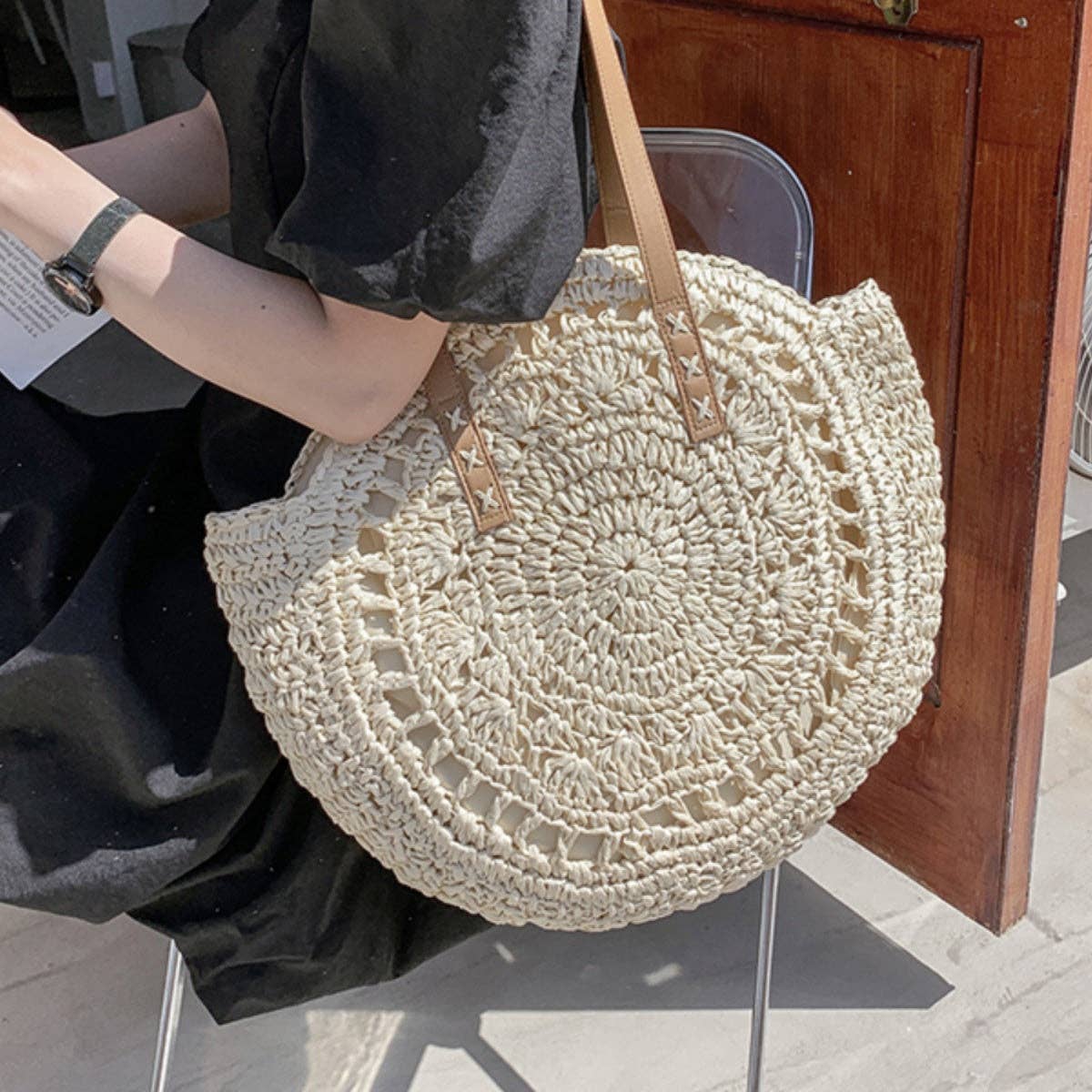 Cosbai - Round Hollow Woven Bag: Beige