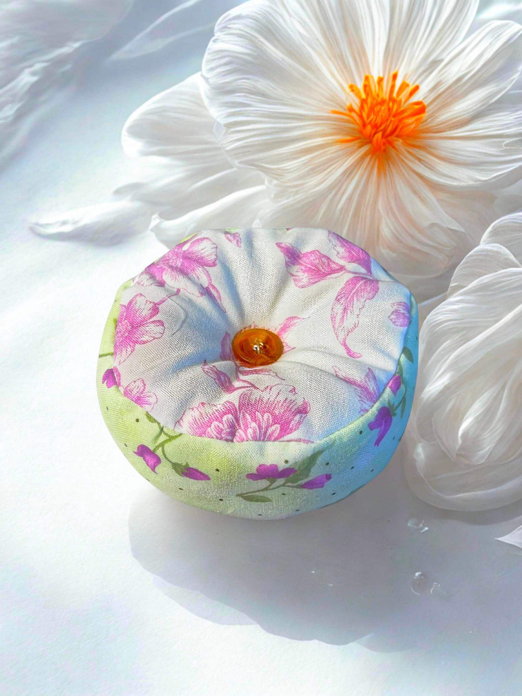 Floral Round Pin Cushion, Handmade Fabric Sewing Tool